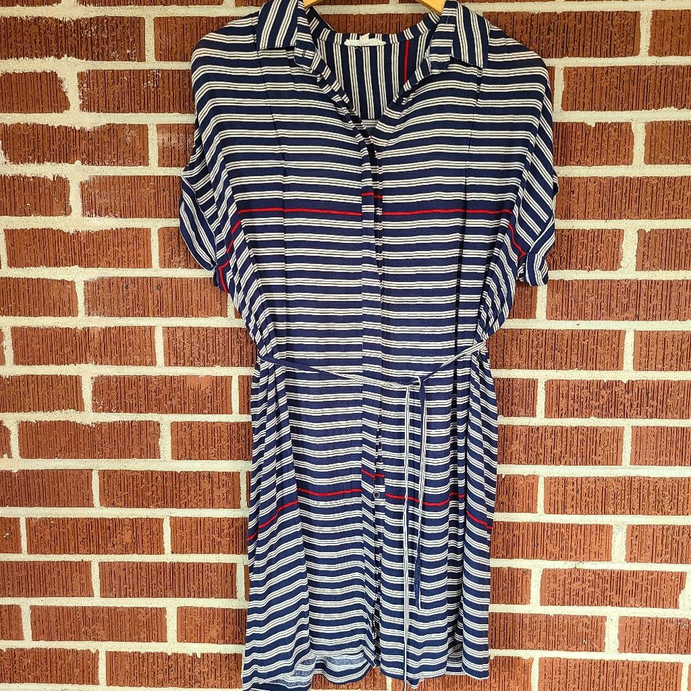 BURU Rayon Tie Waist Button Down Shirt Dress Blue White Striped
